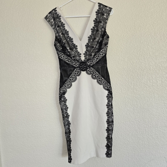 Catherine DeaneCap-Sleeve V-Neck Lace-Panel Sheath Dress, Oyster/Almond size 4 - Picture 4 of 12